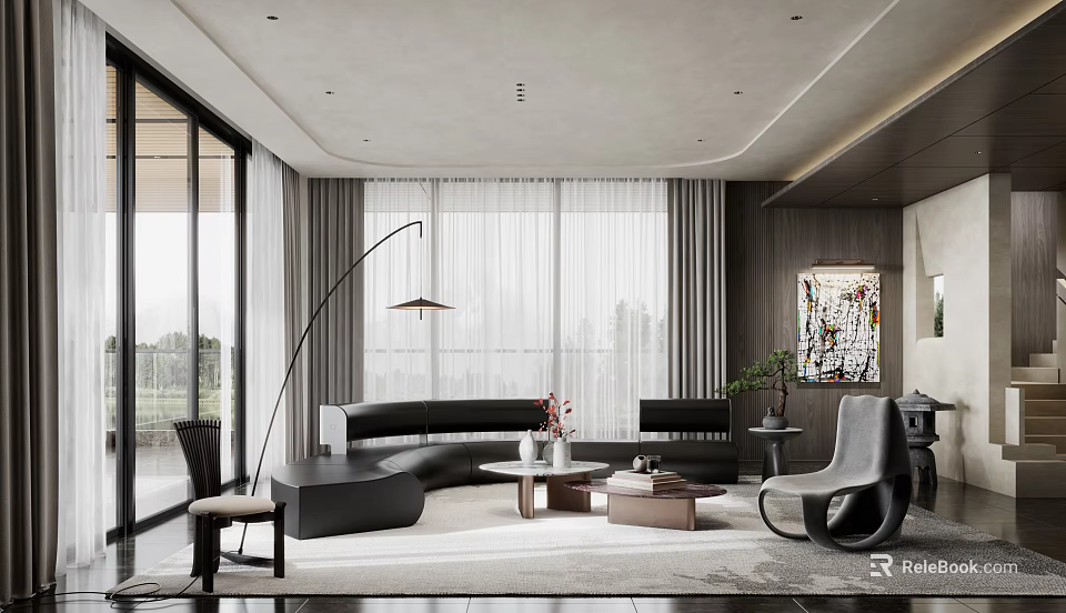 Modern Living Room With Large Windows Black Sofa Floor Lamp Coffee Table And Artwork 3d model 