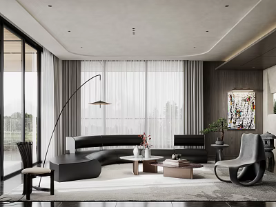 Modern Living Room With Large Windows Black Sofa Floor Lamp Coffee Table And Artwork 3d model