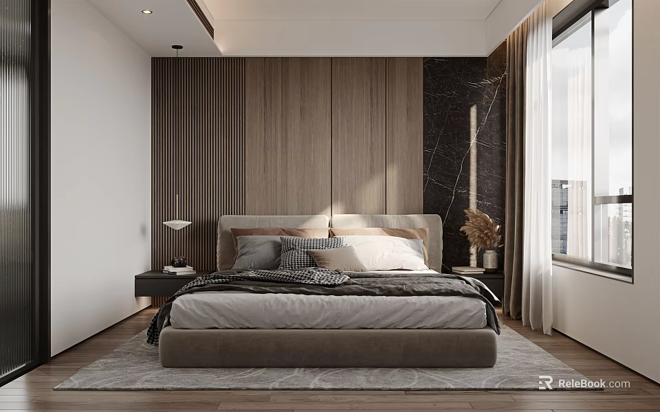 Modern Bedroom Interior With Wooden Panel Wall Comfortable Bed Nightstand And Curtains 3d model 