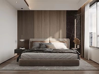 Modern Bedroom Interior With Wooden Panel Wall Comfortable Bed Nightstand And Curtains 3d model