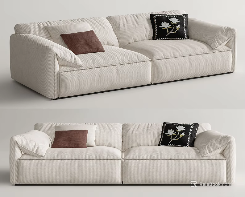 Modern Light Colored Fabric Two Seater Sofa With Brown And Floral Patterned Black Pillows 3d model
