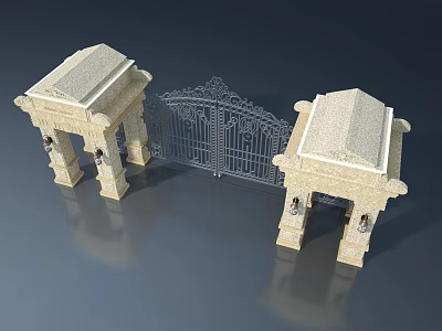 Carved Stone Pillars With Swing Door Gate Iron Structure And Decorative Lamps 3d model
