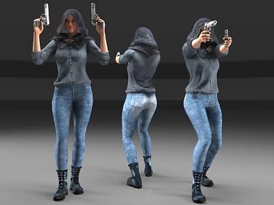 Woman in gray shirt blue jeans and black boots holding guns from different angles 3d model