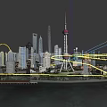 Urban Aerial Planning of Shanghai Skyline with Oriental Pearl Tower Skyscrapers and Huangpu River