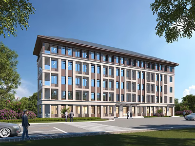Modern Multistory School Building Exterior With Large Windows Trees Lawns And Pedestrians Nearby 3d model