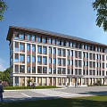 Modern Multistory School Building Exterior With Large Windows Trees Lawns And Pedestrians Nearby