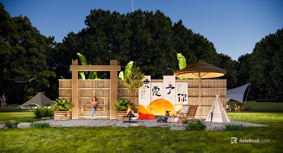 Bamboo Fence Outdoor Leisure Area With Thatched Umbrella Green Plants Sunset And Lawn 3d model 
