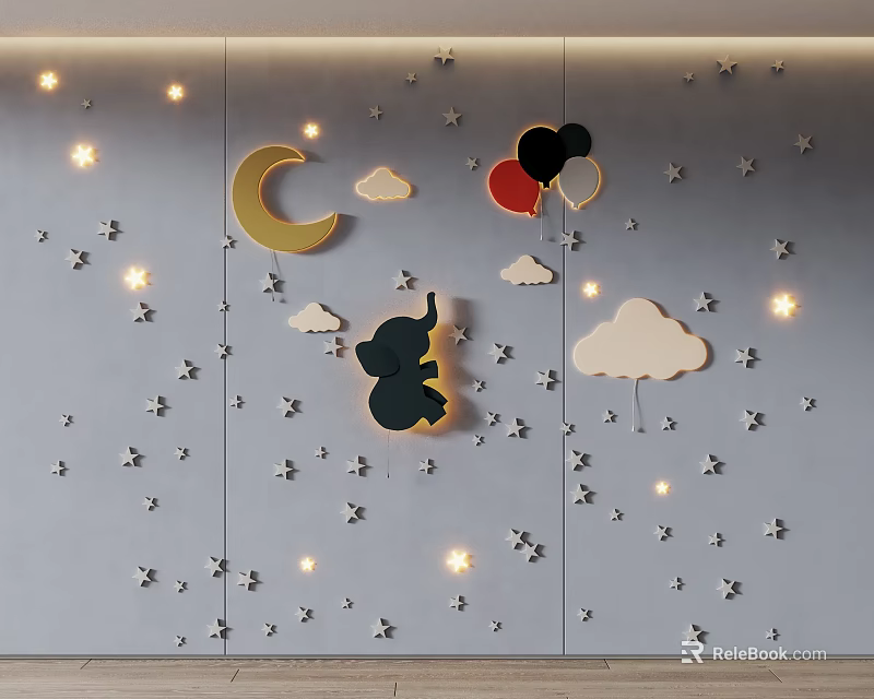 Kids Room Decorative Wall Art With Moon Stars Clouds Balloons Elephant And Small Lights 3d model 
