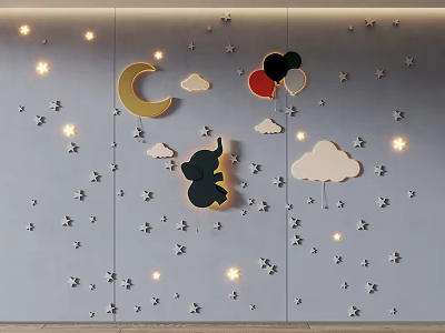 Kids Room Decorative Wall Art With Moon Stars Clouds Balloons Elephant And Small Lights 3d model