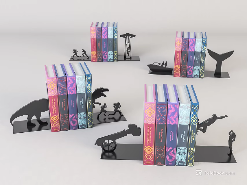 Colorful Books With Black Decorative Bookends Featuring Dinosaur Whale And Human Figures 3d model 