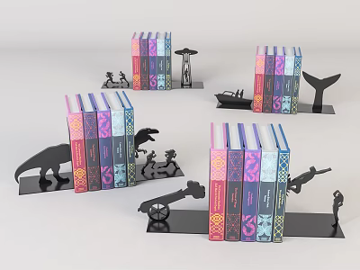 Colorful Books With Black Decorative Bookends Featuring Dinosaur Whale And Human Figures 3d model