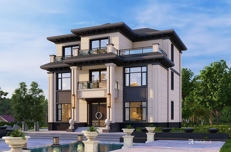 Modern Chinese Style Two Story Detached Villa With Large Windows Courtyard And Green Plants 3d model 