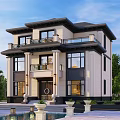 Modern Chinese Style Two Story Detached Villa With Large Windows Courtyard And Green Plants
