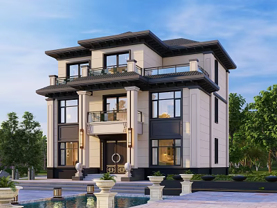 Modern Chinese Style Two Story Detached Villa With Large Windows Courtyard And Green Plants 3d model