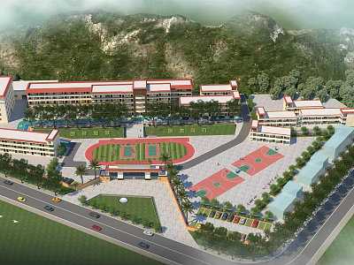 School Campus Buildings with Mountain Surroundings Green Areas and Playground Spaces 3d model