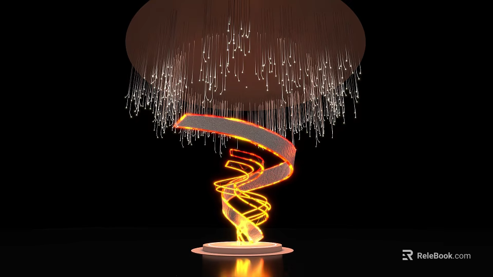 Modern Exhibition Hall Sculptural Column With Spiral Design And Illuminated Hanging Light Strands 3d model 
