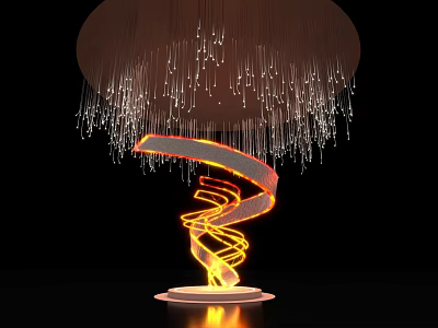 Modern Exhibition Hall Sculptural Column With Spiral Design And Illuminated Hanging Light Strands 3d model