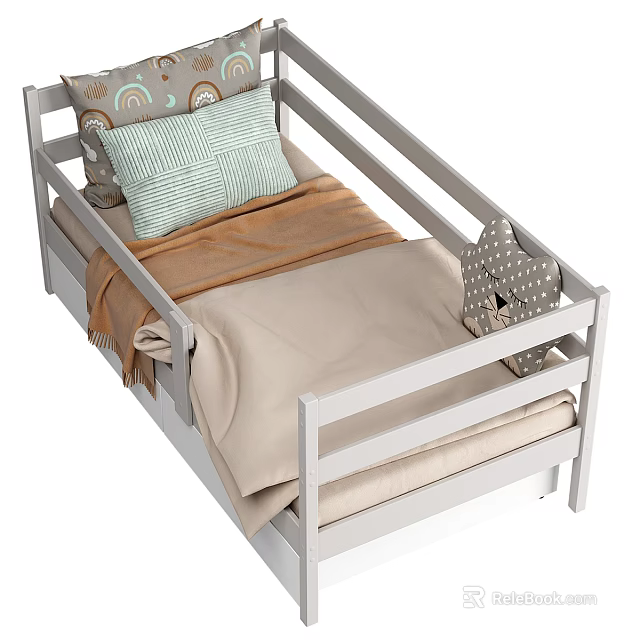 Kids Toddler Wooden Bed With White Guardrails Cartoon Pillow Brown Blanket And Striped Cushion 3d model 