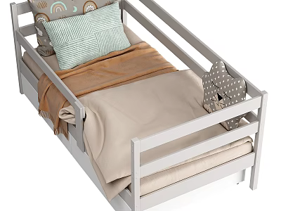 Kids Toddler Wooden Bed With White Guardrails Cartoon Pillow Brown Blanket And Striped Cushion 3d model