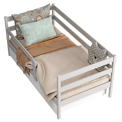 Kids Toddler Wooden Bed With White Guardrails Cartoon Pillow Brown Blanket And Striped Cushion 3d model