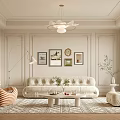 Modern Living Room Interior With Beige Sofa Decorative Paintings Floor Lamp And Area Rug