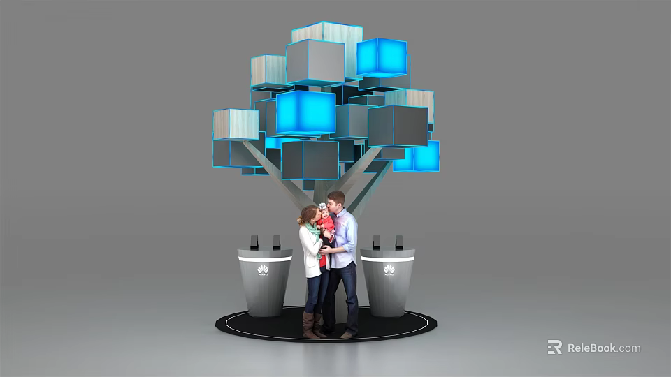 Tree Shaped Display Shelves With Blue Cubes And People Interacting Around Products 3d model 