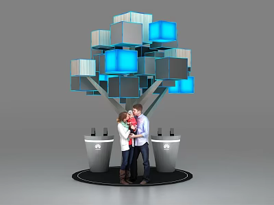 Tree Shaped Display Shelves With Blue Cubes And People Interacting Around Products 3d model