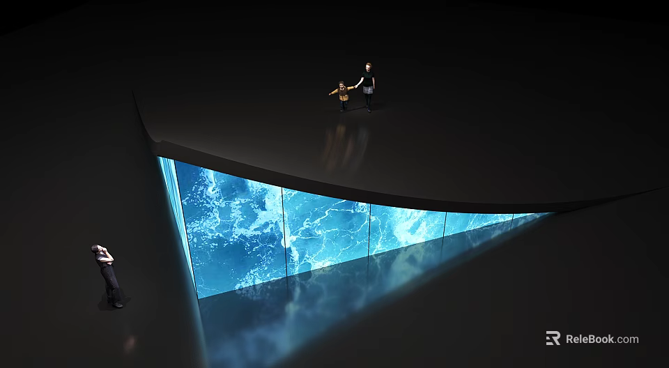 People Watching Large Curved Screen With Blue Water Waves And Lightning In Dark Space 3d model 