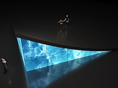 People Watching Large Curved Screen With Blue Water Waves And Lightning In Dark Space 3d model