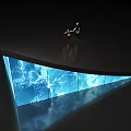 People Watching Large Curved Screen With Blue Water Waves And Lightning In Dark Space