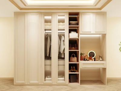 Modern Light Colored Wardrobe Design With Glass Doors Hanging Space And Dressing Table 3d model