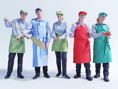 Group of Kitchen Staff Wearing Colorful Aprons And Caps Holding Cooking Tools And Ingredients 3d model