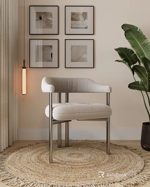 Modern Light Upholstered Dining Chair With Metal Frame Framed Artworks Large Leaf Plant And Rug 3d model 