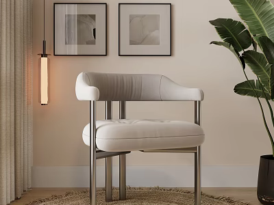 Modern Light Upholstered Dining Chair With Metal Frame Framed Artworks Large Leaf Plant And Rug 3d model