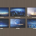 Six Televisions Mounted on Wooden Wall Displaying Cityscape and Tech