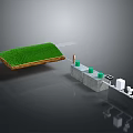 Green Turf Platform And Concrete Structure Components With Green Cylinders And White Equipment