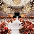 Elegant Banquet Hall with Luxurious Chandeliers Wedding Stage and Floral Arrangements