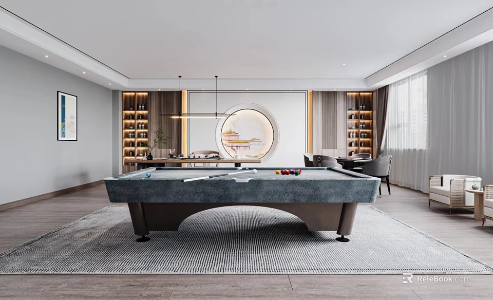 Modern Recreation Room Interior With Pool Table And Elegant Furnishings 3d model