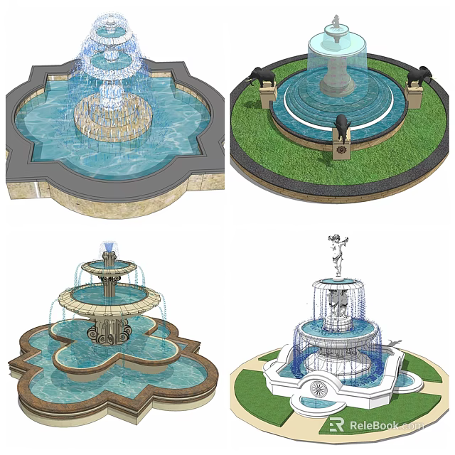 Various Decorative Garden Fountains with Multi Tier Design Sculptures and Green Lawn 3d model 