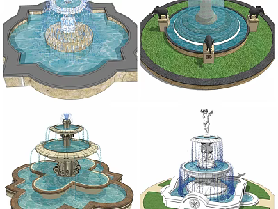 Various Decorative Garden Fountains with Multi Tier Design Sculptures and Green Lawn 3d model