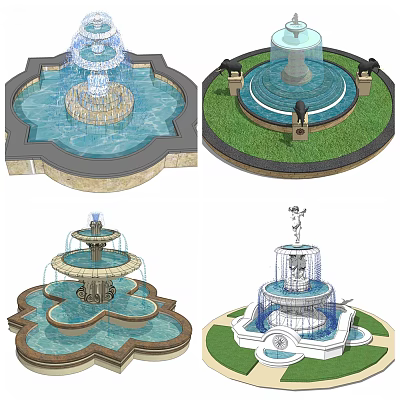 Various Decorative Garden Fountains with Multi Tier Design Sculptures and Green Lawn 3d model