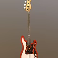Red Electric Bass Guitar With Black And Orange Flame Patterns On Gray Background