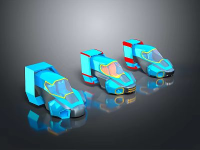 Three Futuristic Cosmic Spacecraft Models with Blue Red Yellow Details and Reflective Surfaces 3d model