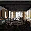 Elegant Restaurant Interior With Ornate Chandelier Open Kitchen Marble Flooring And Dining Tables