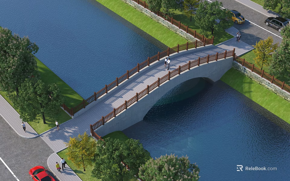 Scenic Arch Bridge Over River With Green Trees Pedestrian Path And Road Nearby 3d model 