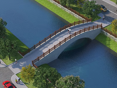 Scenic Arch Bridge Over River With Green Trees Pedestrian Path And Road Nearby 3d model