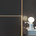Modern Bedroom Background Wall With Dark Panelled Vertical Strips Artwork LED Lighting And Side Tables