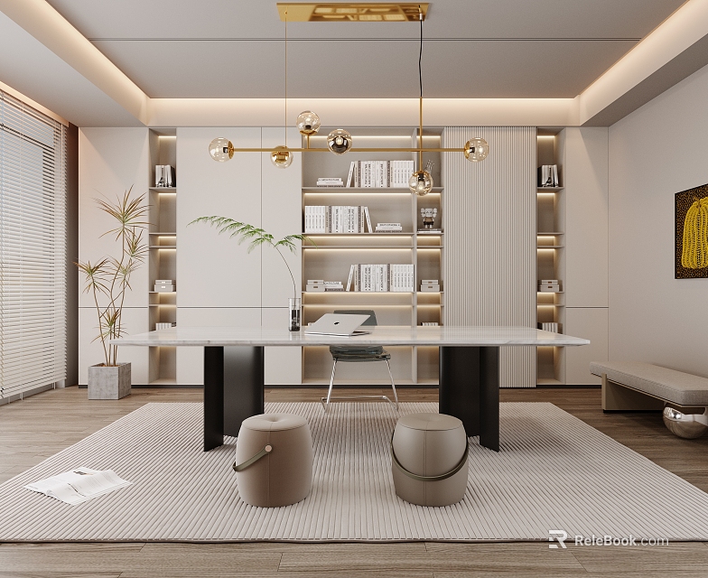 Modern Study Room Interior With White Bookshelves Large Desk And Hanging Lights 3d model 