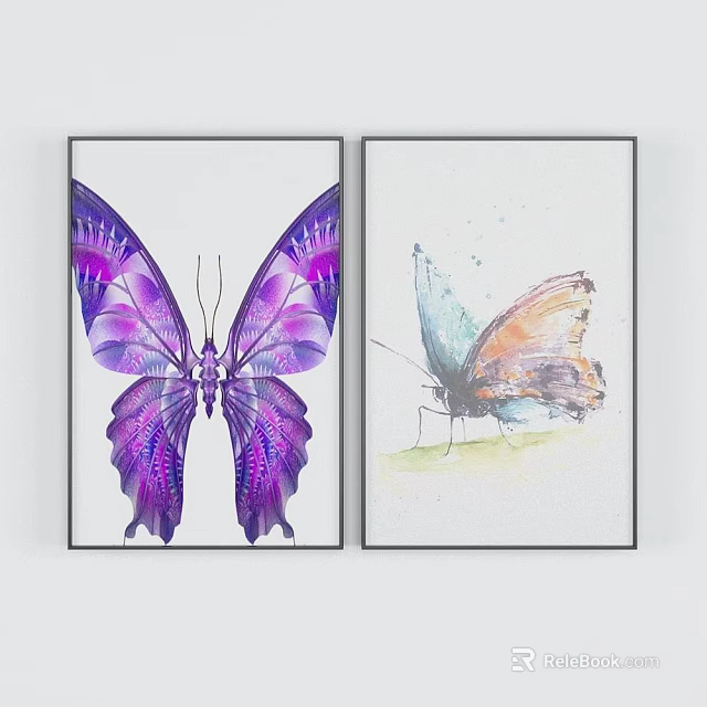 Butterfly Themed Wall Art Paintings With Purple Symmetric And Colorful Designs In Black Frames 3d model 