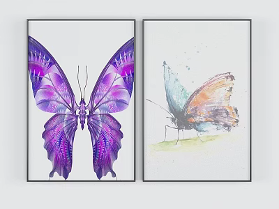 Butterfly Themed Wall Art Paintings With Purple Symmetric And Colorful Designs In Black Frames 3d model